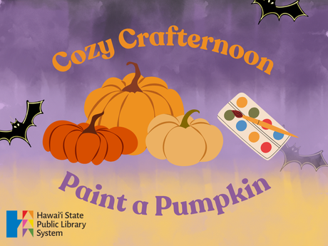 a pumpkin and paint kit with a purple and orange watercolor background with bats. Text reads "Cozy Crafternoon Paint a Pumpkin"