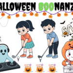 kids playing golf, ghost at turn table, pumpkin doing crafts, small pumpkins with treats inside.