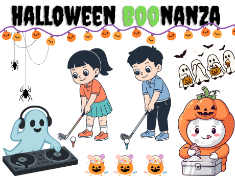 kids playing golf, ghost at turn table, pumpkin doing crafts, small pumpkins with treats inside.