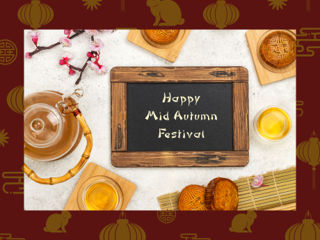 red and yellow background with picture in center of chalkboard, tea, and moon cakes on a table