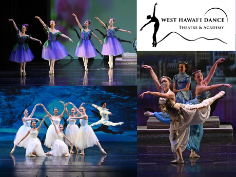 ballet dancers posing in various positions with West Hawaii Dance Theatre logo