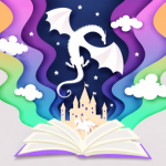 Whimsical storybook illustration showing a friendly green dragon rising from an open book, surrounded by sparkling stars, clouds, flowers, butterflies, colorful hills, and a dreamy fantasy landscape