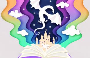 Whimsical storybook illustration showing a friendly green dragon rising from an open book, surrounded by sparkling stars, clouds, flowers, butterflies, colorful hills, and a dreamy fantasy landscape