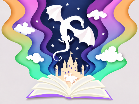 Whimsical storybook illustration showing a friendly green dragon rising from an open book, surrounded by sparkling stars, clouds, flowers, butterflies, colorful hills, and a dreamy fantasy landscape