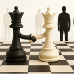 2 chess figures shaking hands on a chess board with silhouettes of people in the background