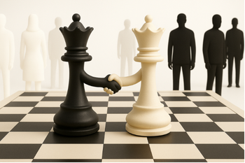 2 chess figures shaking hands on a chess board with silhouettes of people in the background