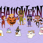 A drawing of kids in halloween costumes are in front of the word Halloween. 5 ghosts reading books are below. A faint spider web is on a lilac background.