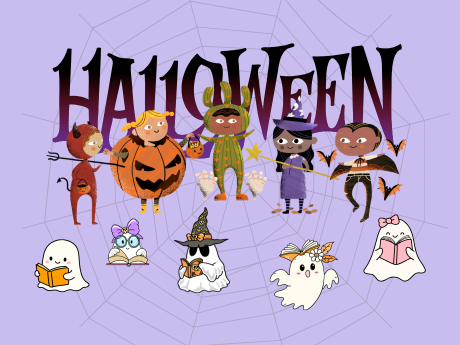 A drawing of kids in halloween costumes are in front of the word Halloween. 5 ghosts reading books are below. A faint spider web is on a lilac background.