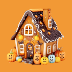 Gingerbread style house made of candy with jack-o-lanterns