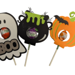 white ghost, black cauldron and orange pumpkin lollipop holders
