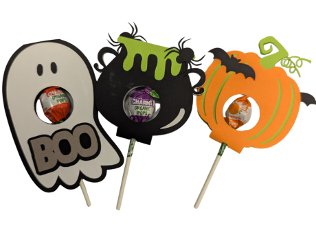 white ghost, black cauldron and orange pumpkin lollipop holders