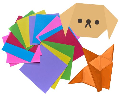 Colorful origami sheets and a dog and fox origami.